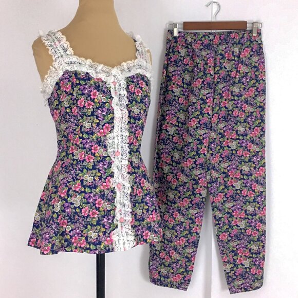 80s Floral Lace Trim Vintage Top Co-ord Set - Picture 3 of 13